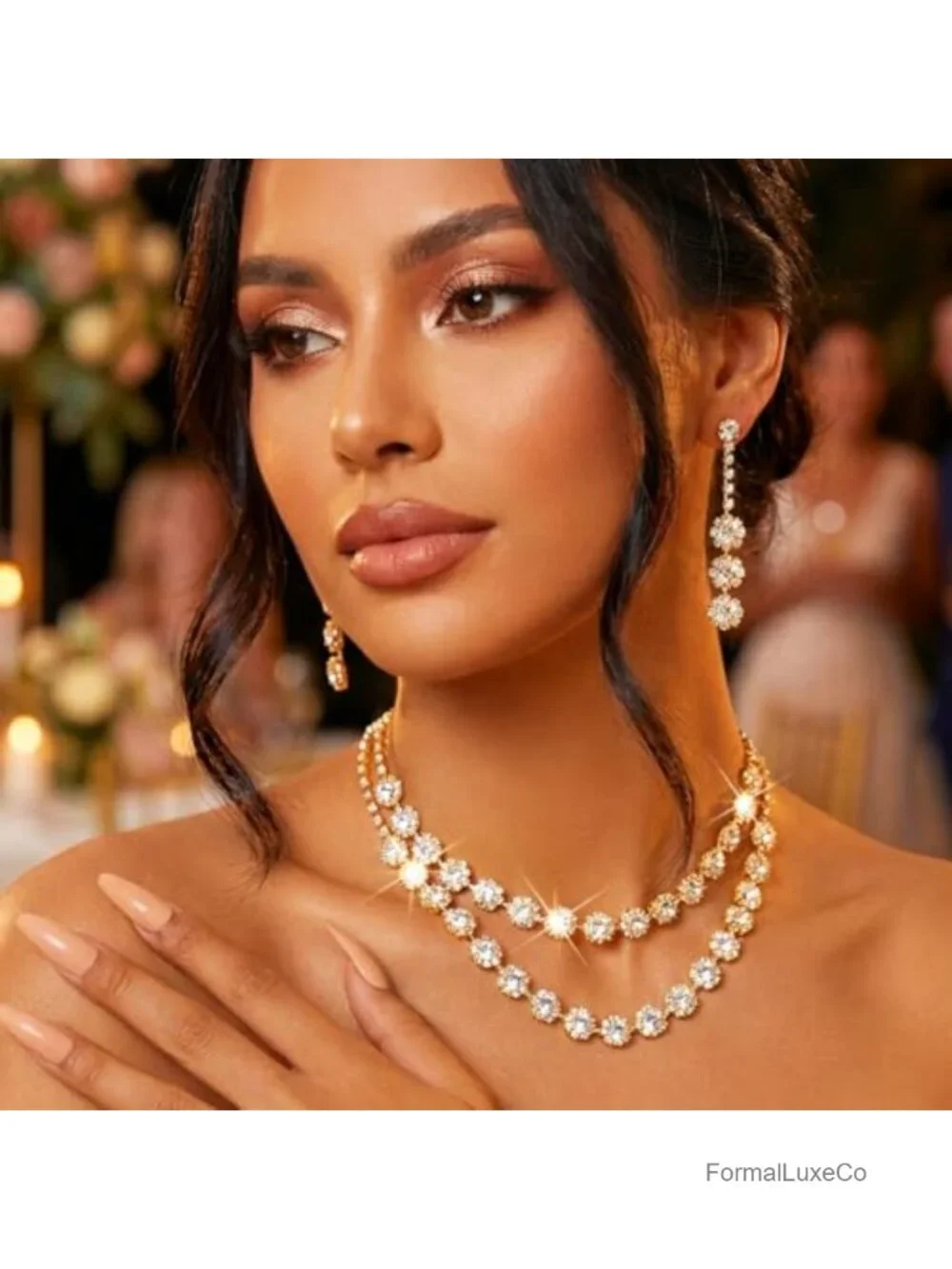 Rhinestone Crystal Choker Necklace Earring Set Bridal Wedding Jewelry
